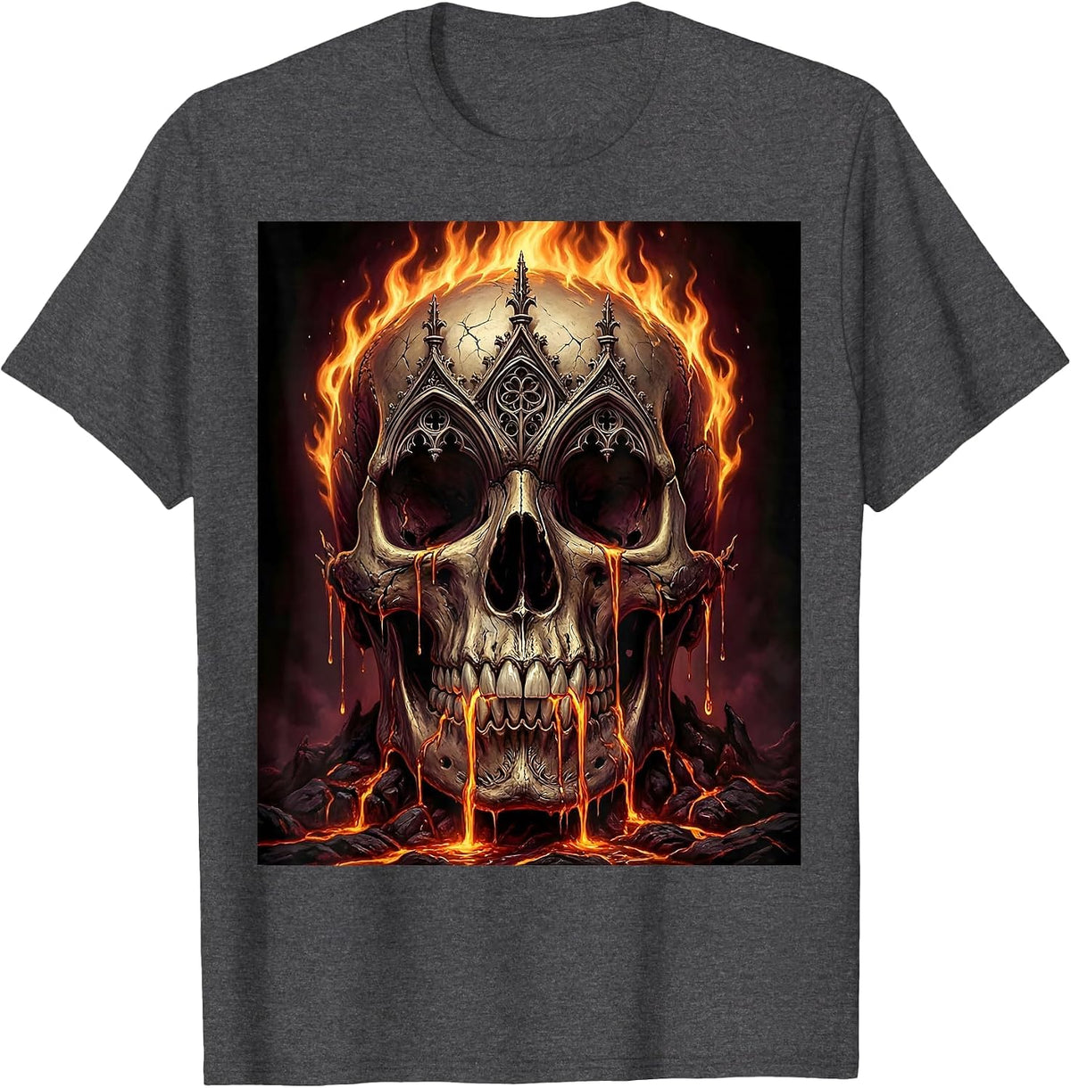 Men's Flaming Skull Molten Lava Graphic Design T-Shirt - Dark Heather Grey