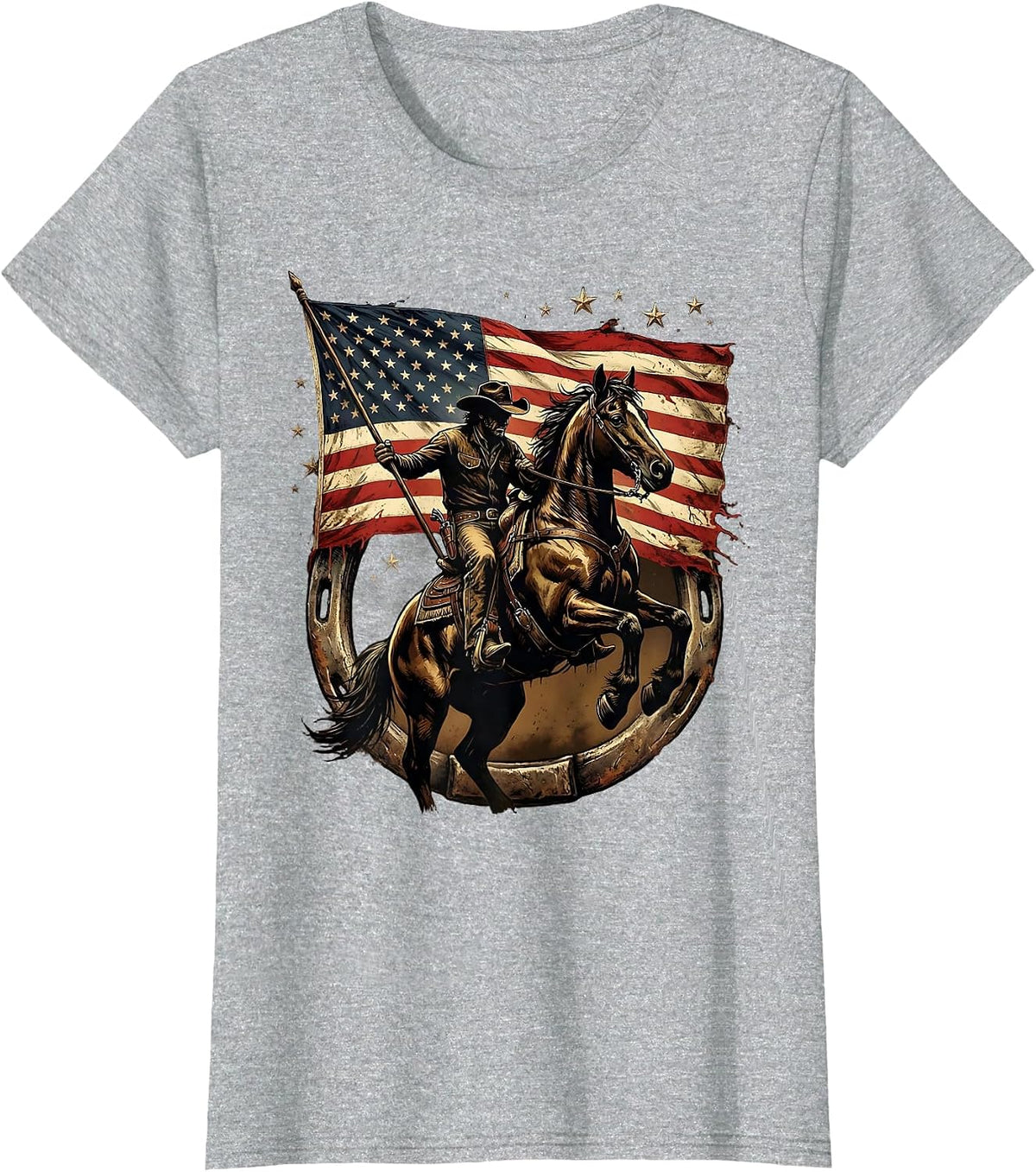 Cowboy on Horseback Carrying American Flag T-Shirt - Heather Grey