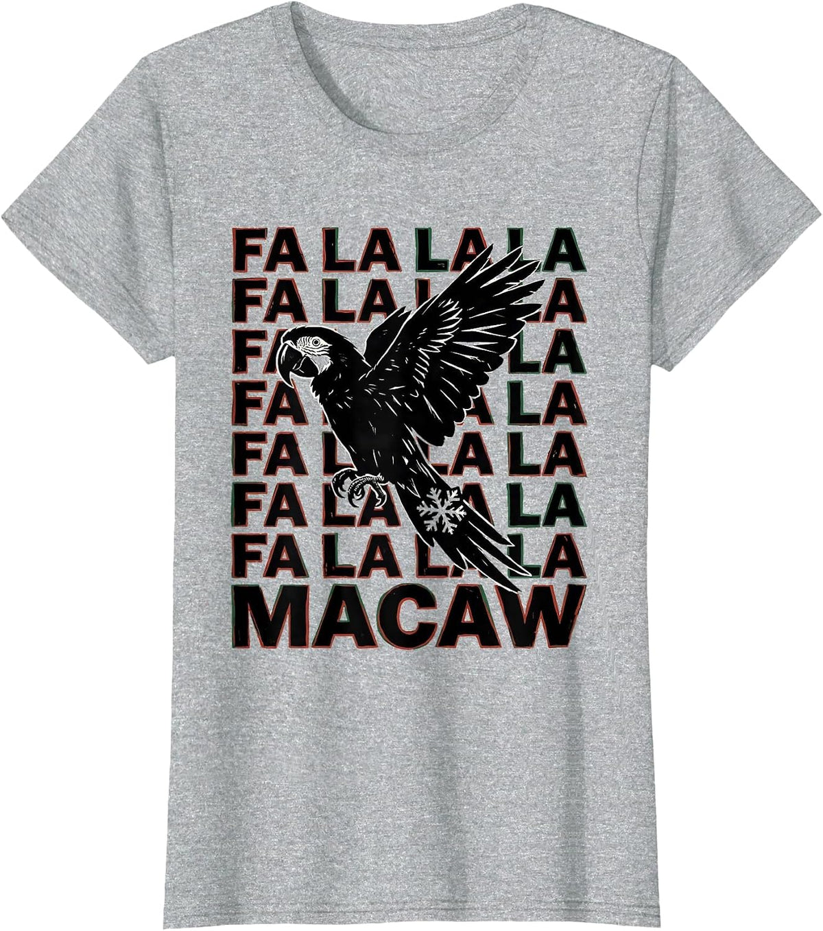 Fa La La La Macaw Linocut Funny Christmas Bird Lover Humor T-Shirt - Heather Grey