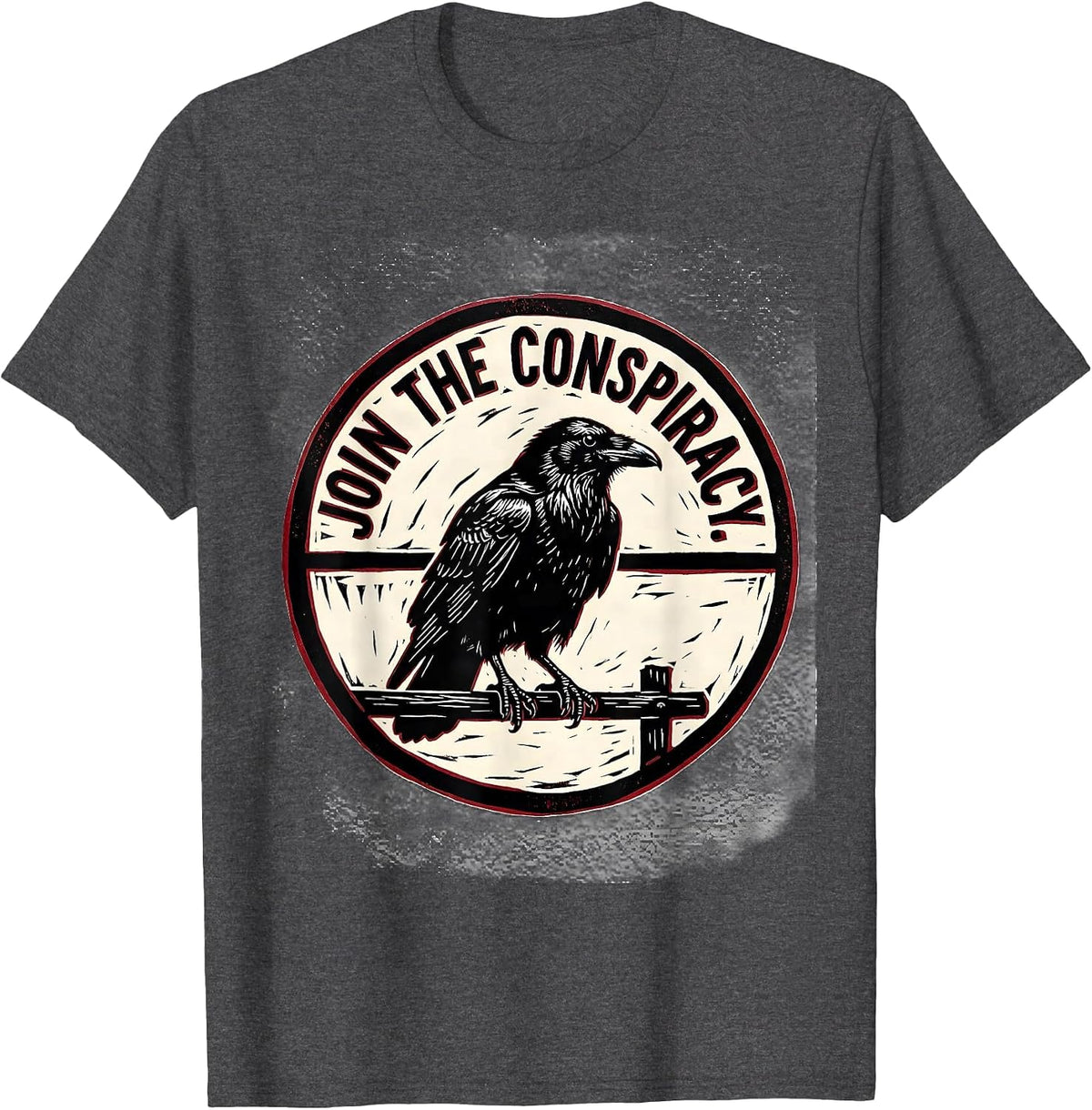 Men's Join The Conspiracy Linocut Crow Humor Literary Pun T-Shirt - Dark Heather Grey