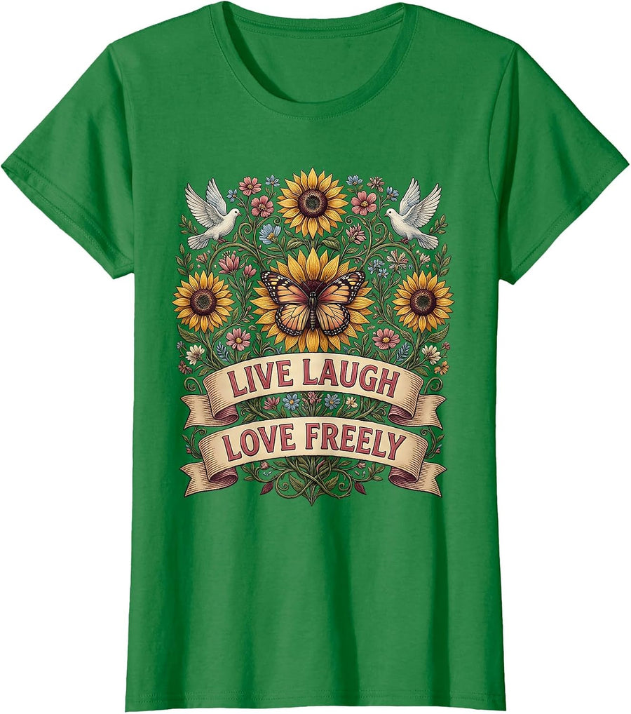 Women's Live Laugh Love Freely Hippie Spirit Design T-Shirt - Kelly Green