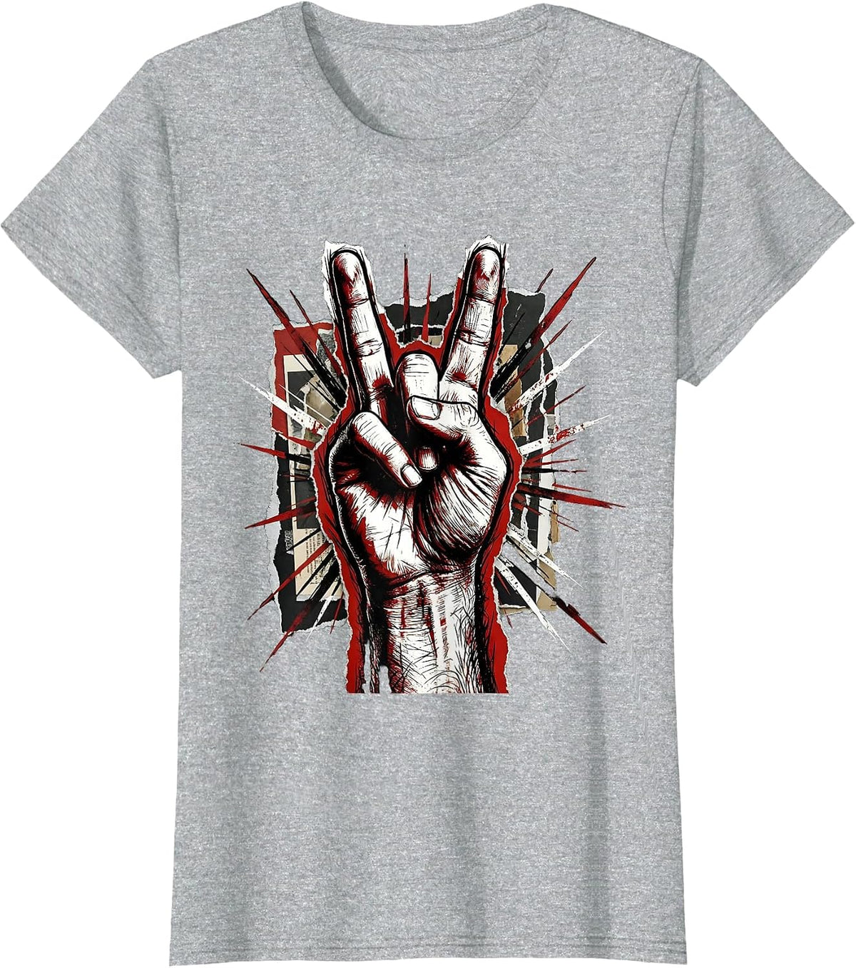 Rock On Devil Horns Hand Sign Graphic T-Shirt - Heather Grey