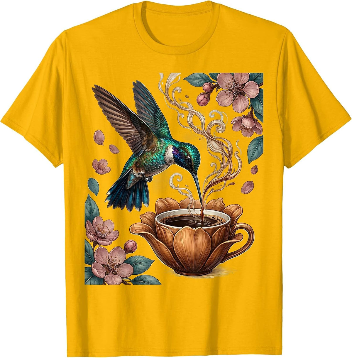 Men's Hummingbird Espresso Cup Flower Coffee Lover Design T-Shirt - Golden Yellow