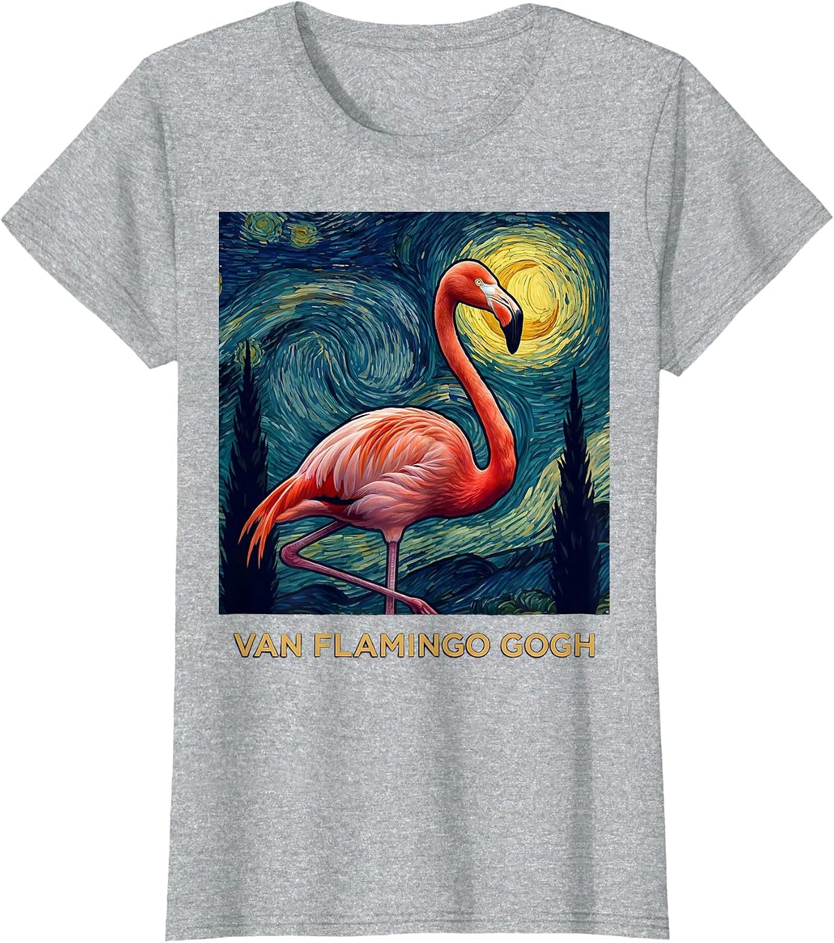 Van Flamingo Gogh Whimsical Art Meme Animal Lover Gift T-Shirt - Heather Grey