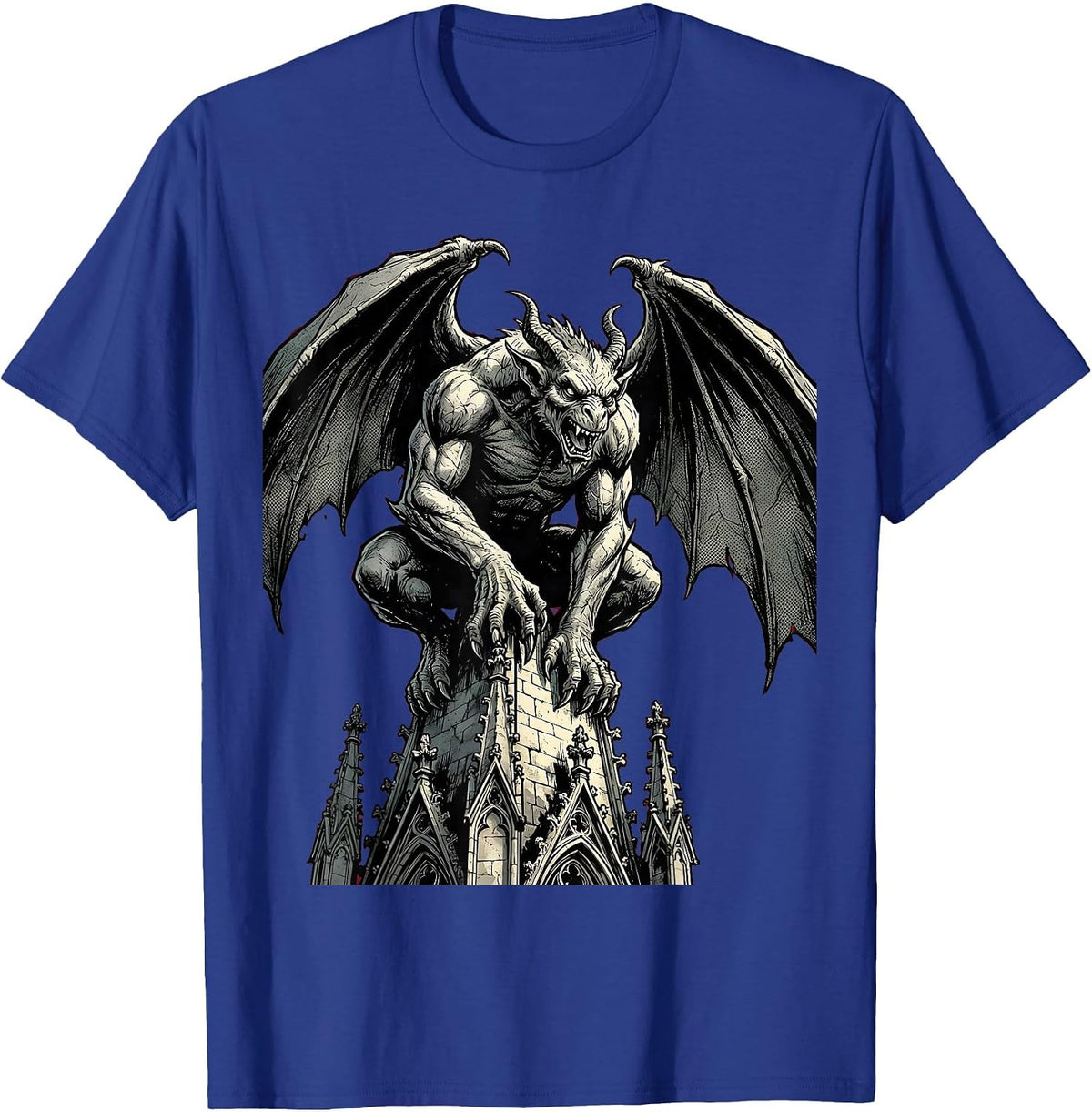 Gargoyle Gothic Cathedral Spire Heavy Metal Art T-Shirt - Royal Blue