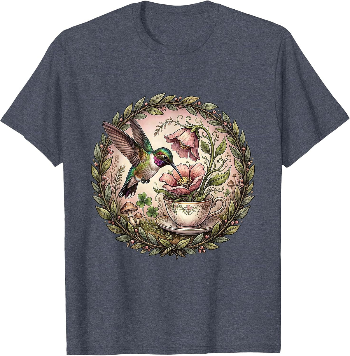 Hummingbird Teacup Flower Botanical Art T-Shirt - Heather Blue
