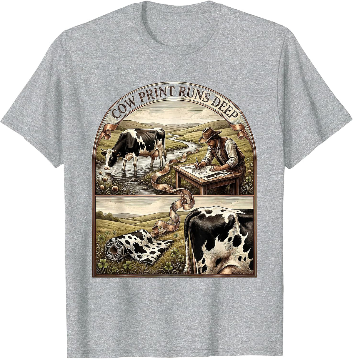 Men's Cow Print Runs Deep Cattle Lover Design T-Shirt - Heather Grey