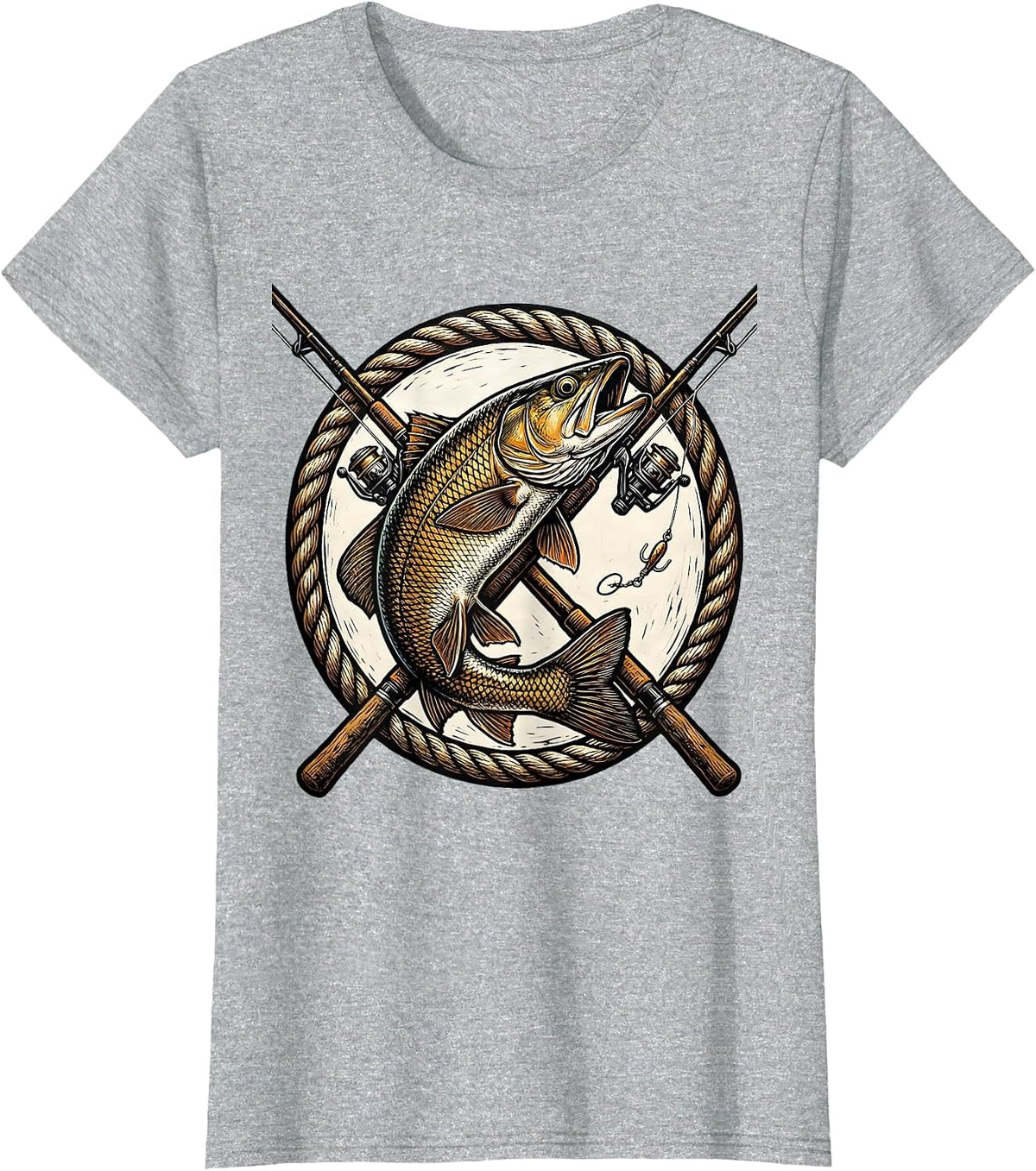 Crossed Fishing Rods Leaping Trout Badge Design T-Shirt - Heather Grey