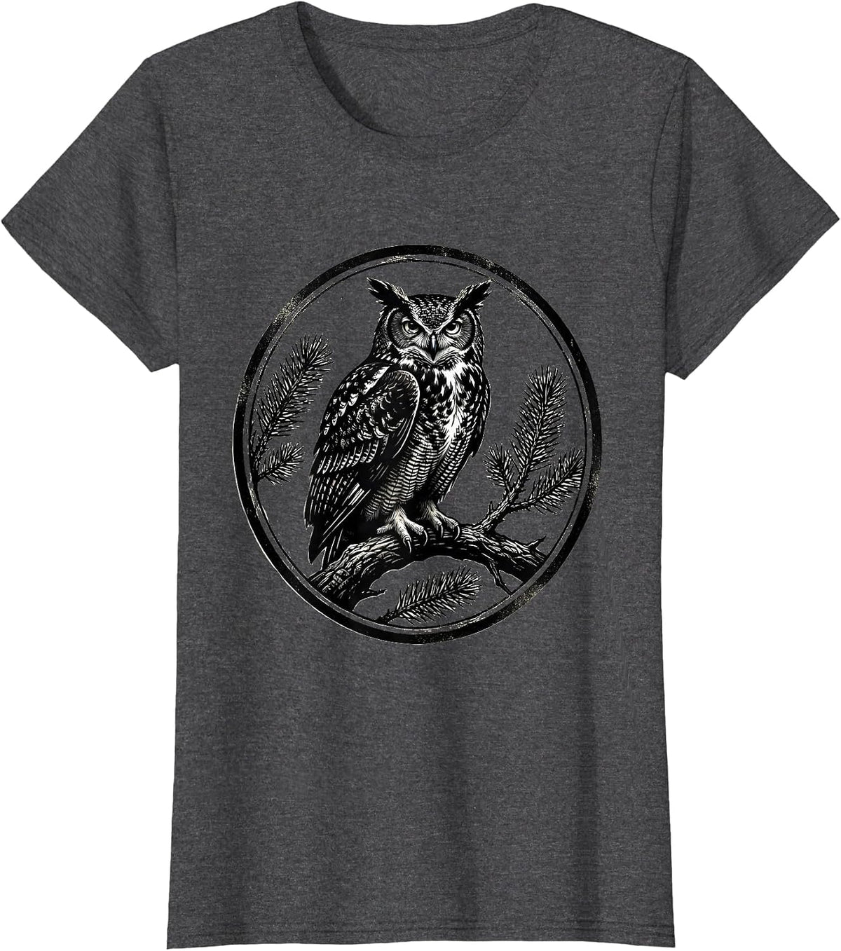 Women's Great Horned Owl Scratchboard Vintage Forest Wildlife Nature T-Shirt - Dark Heather Grey