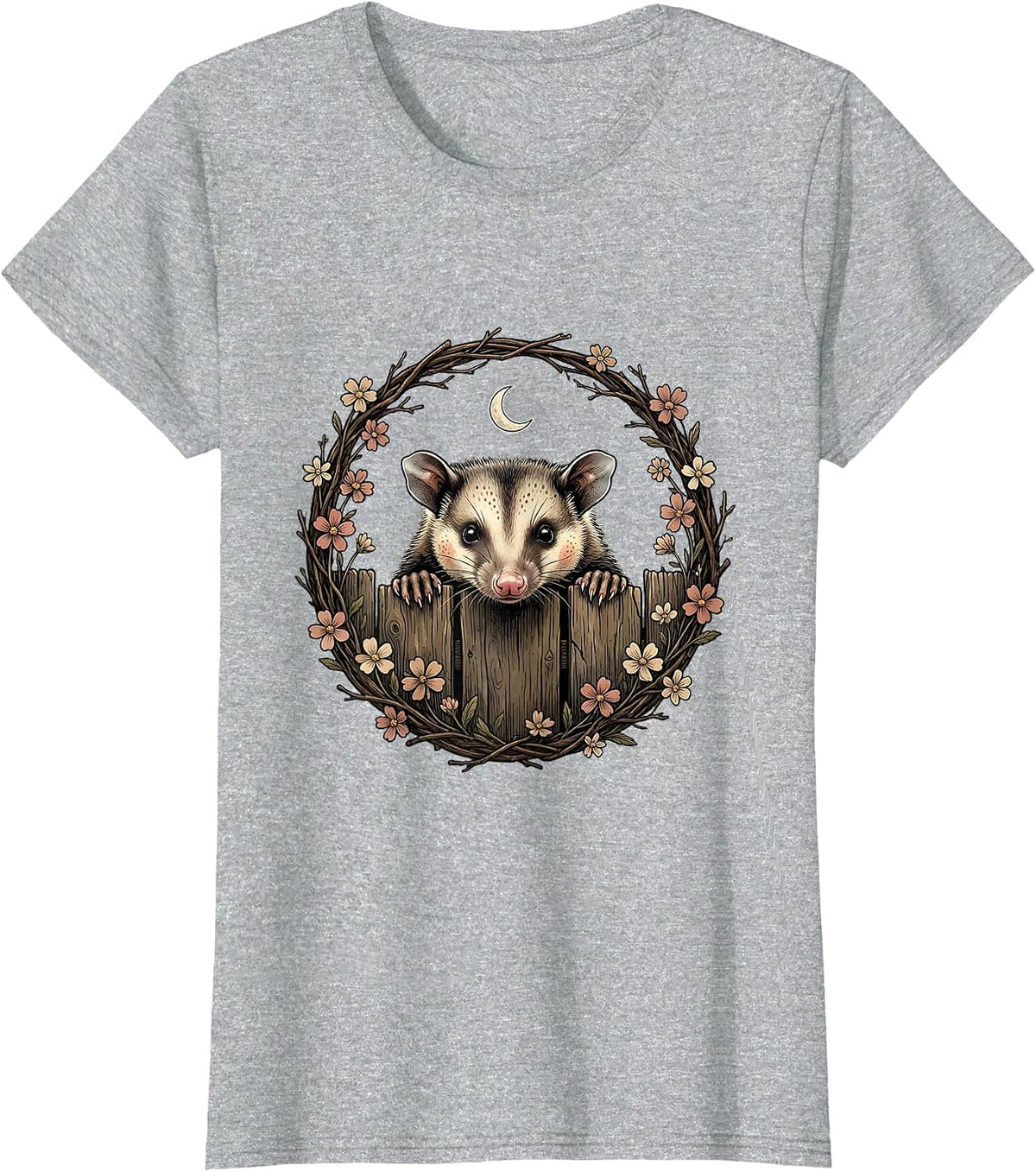 Opossum Peeking Over Fence Funny Wildlife Design T-Shirt - Heather Grey