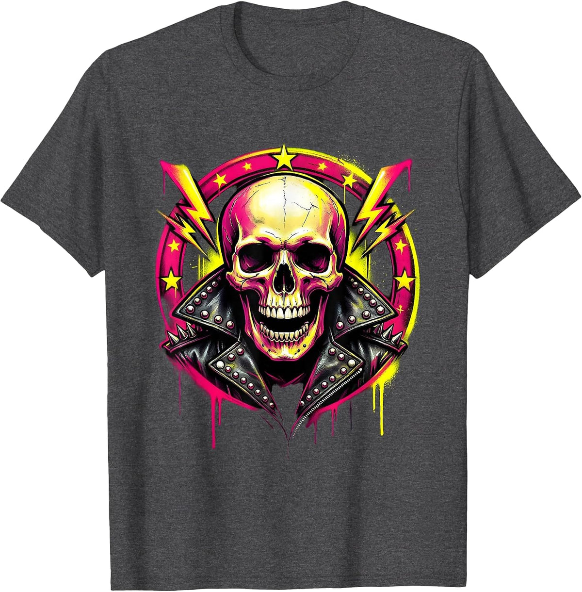 80s Rock Skull Studded Leather Jacket Graphic T-Shirt - Dark Heather Grey