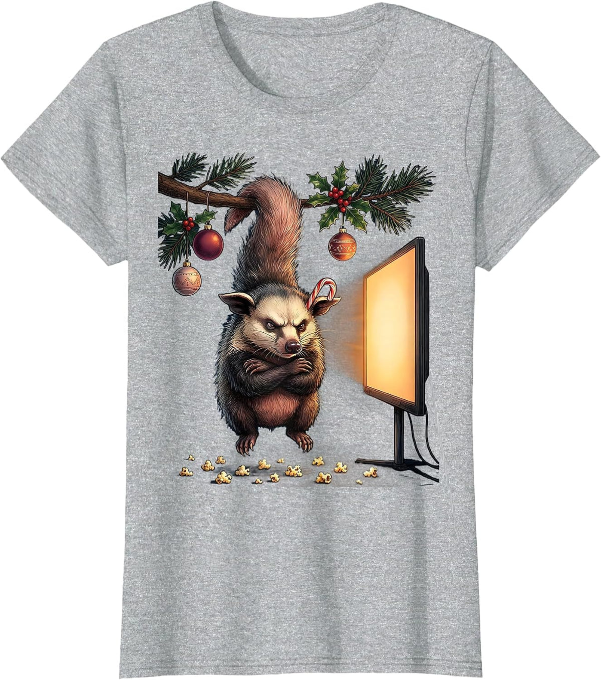 Cranky Opossum Christmas Movie Night T-Shirt - Heather Grey