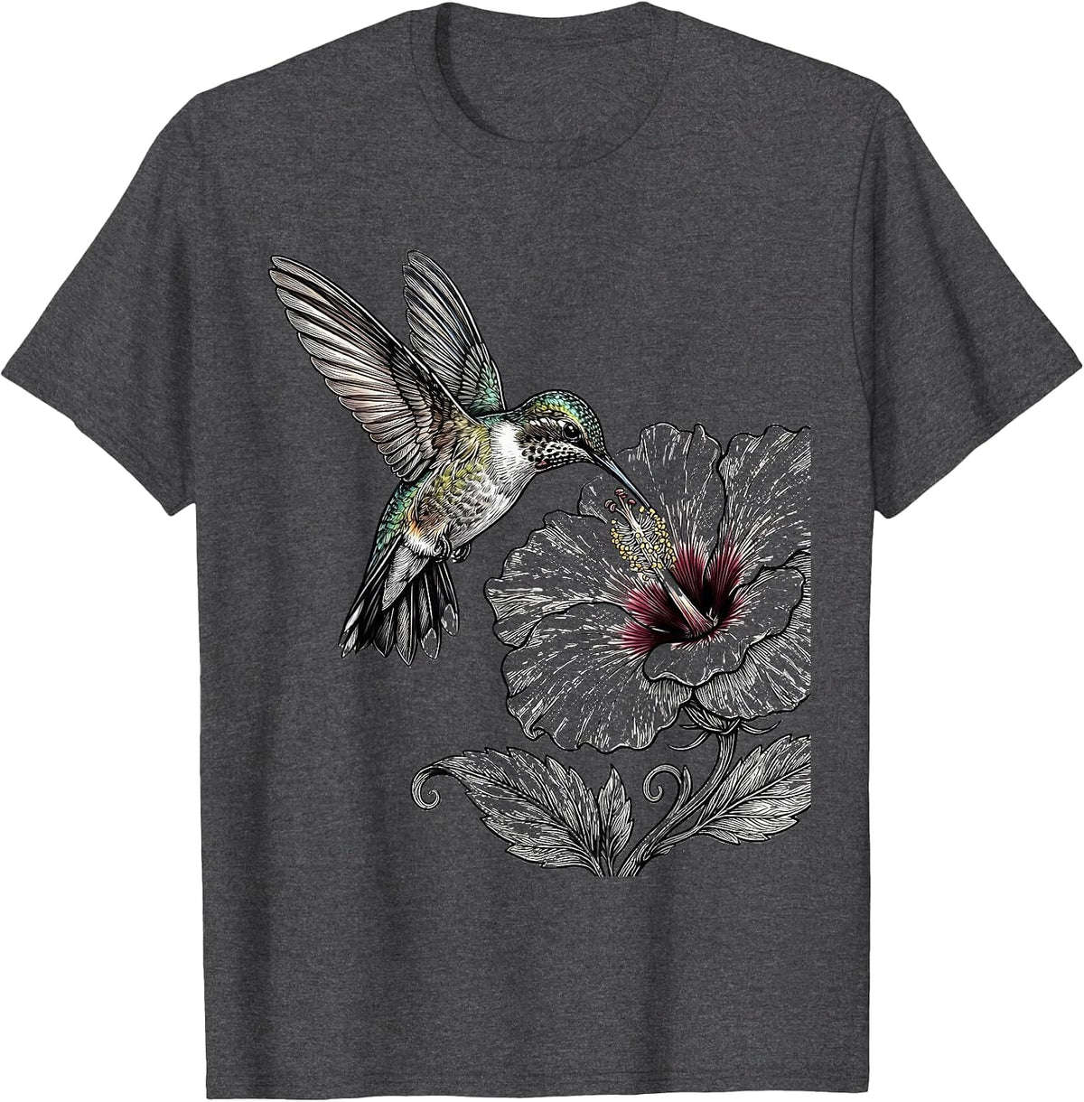 Hummingbird and Blooming Flower Illustration T-Shirt - Dark Heather Grey