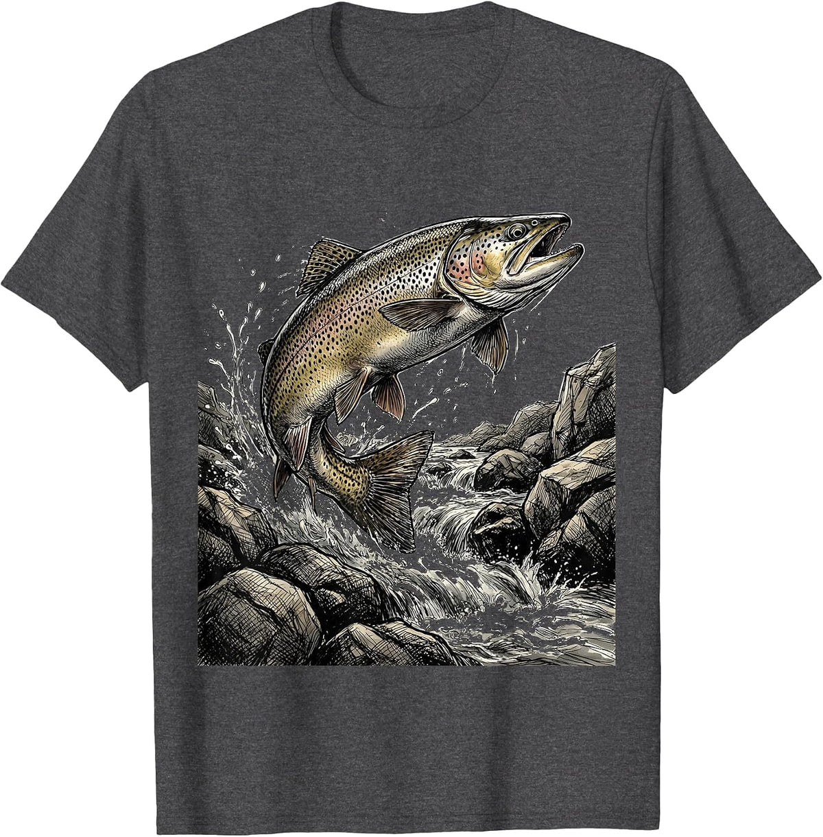 Trout Upstream Mountain Rapids Fishing Graphic T-Shirt - Dark Heather Grey