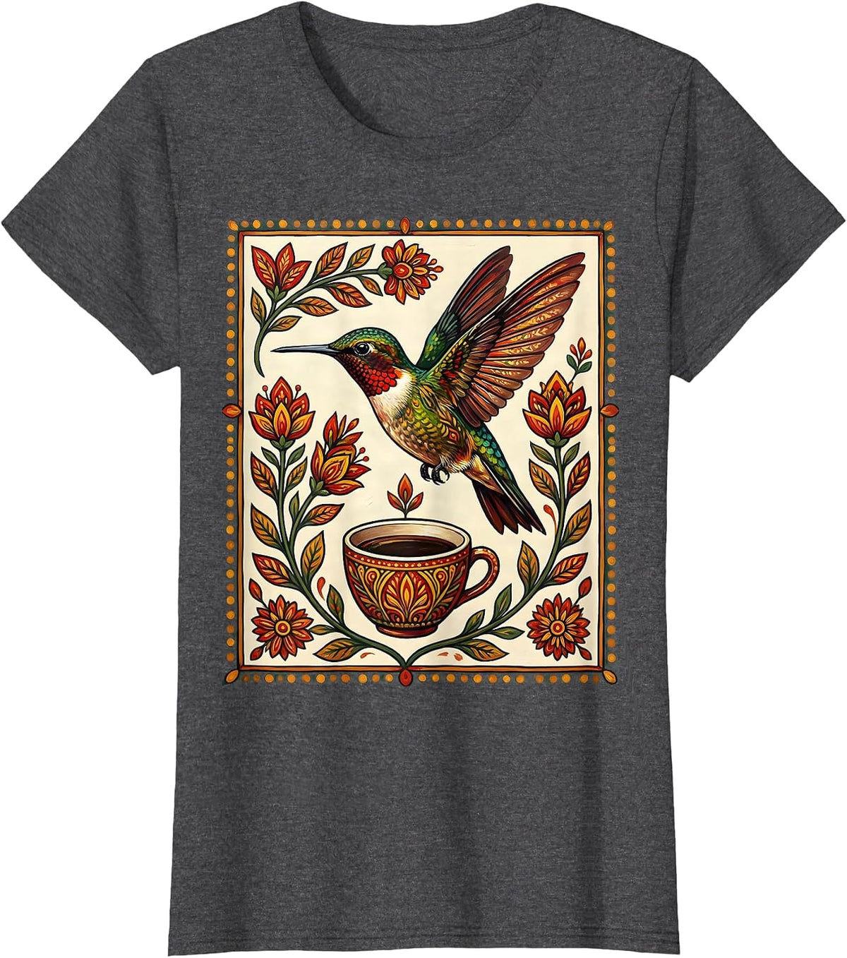 Women's Hummingbird Espresso Coffee Lover Graphic Tee T-Shirt - Dark Heather Grey