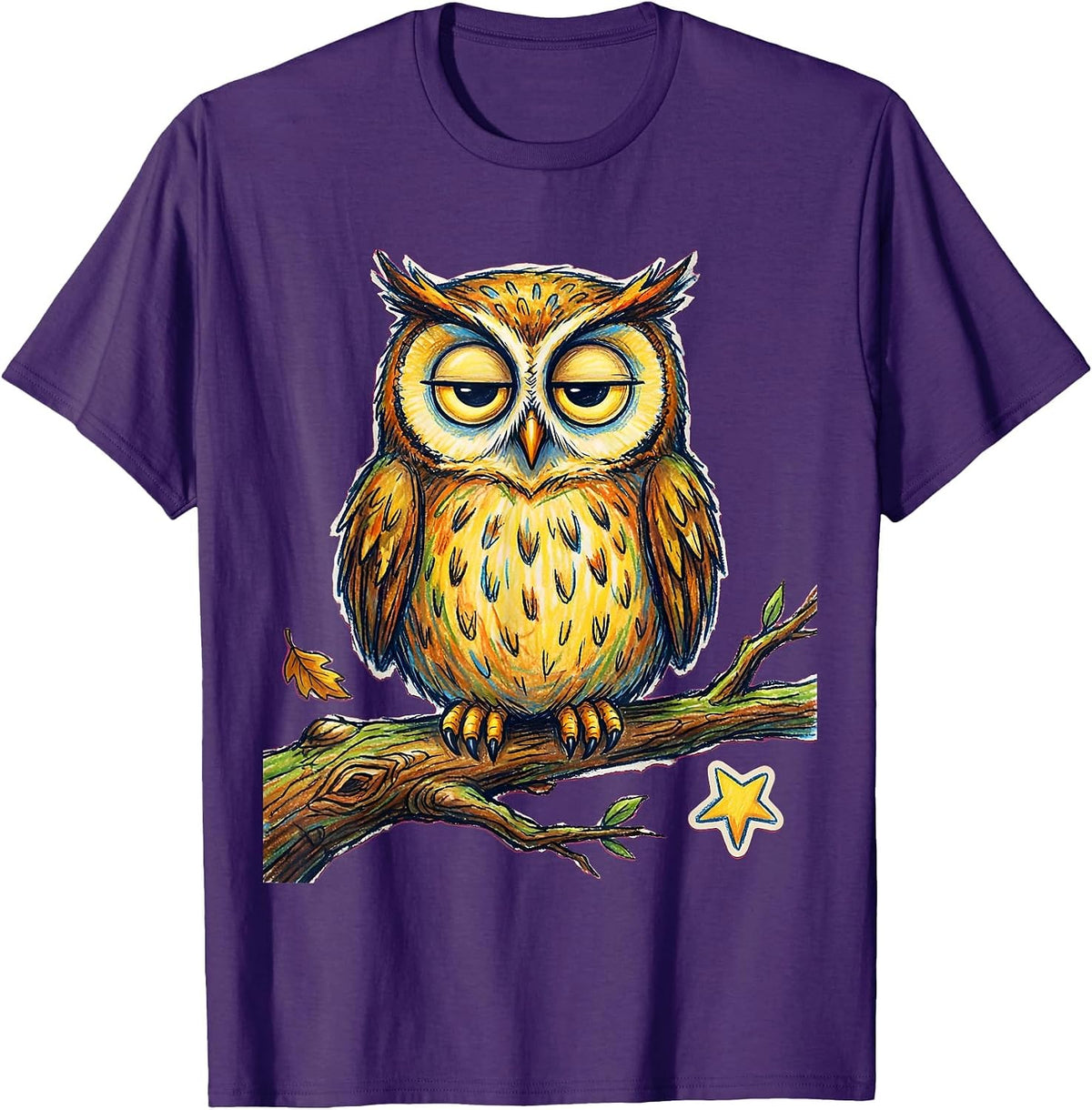 Men's Unamused Owl on Broken Branch Illustration T-Shirt - Purple