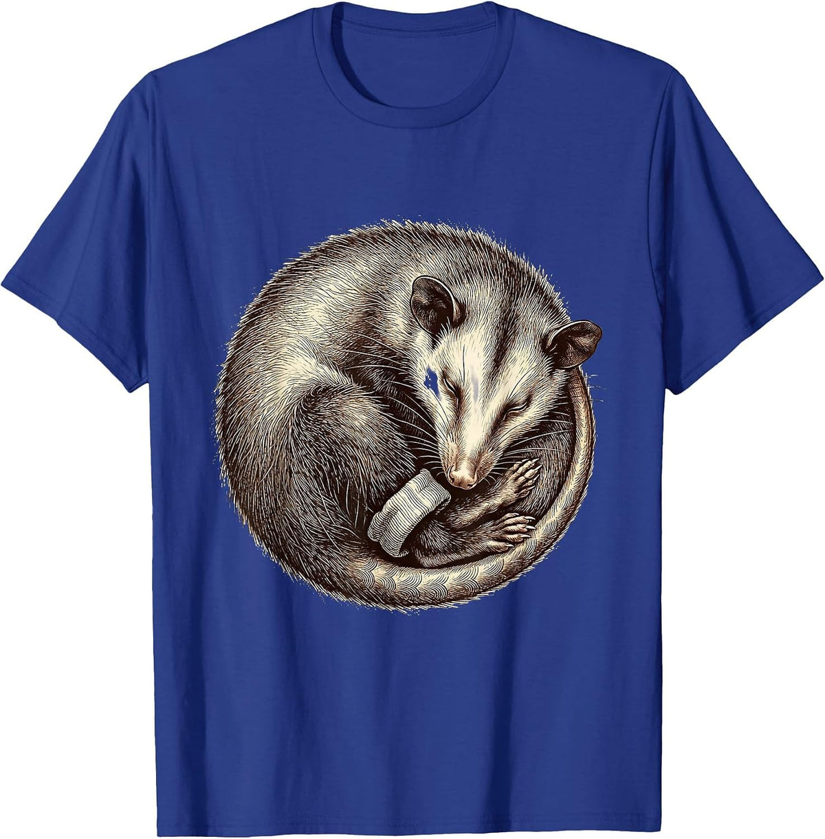 Sleepy Virginia Opossum Crosshatch Etching Cozy Pajama T-Shirt - Royal Blue