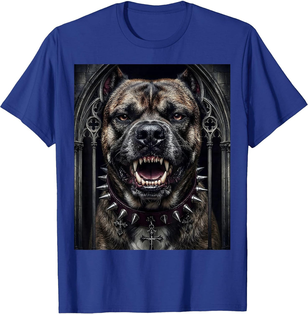 Snarling Punk Dog Studded Collar Graphic T-Shirt - Royal Blue