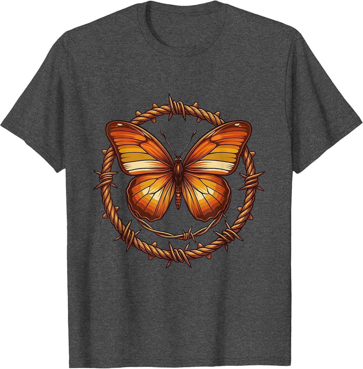 Neon Grunge Butterfly on Barbed Wire 90s Art T-Shirt - Dark Heather Grey