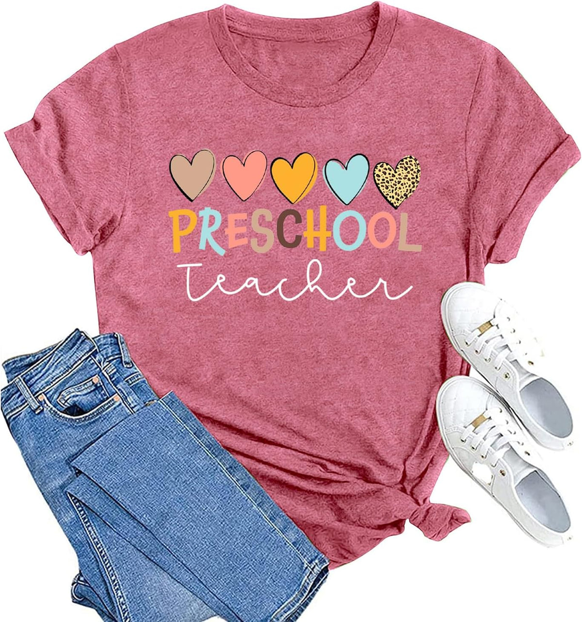 Womens Preschool Teacher Shirts Preschool Crew Rainbow Tshirt Teacher Life Short Sleeve - Pink