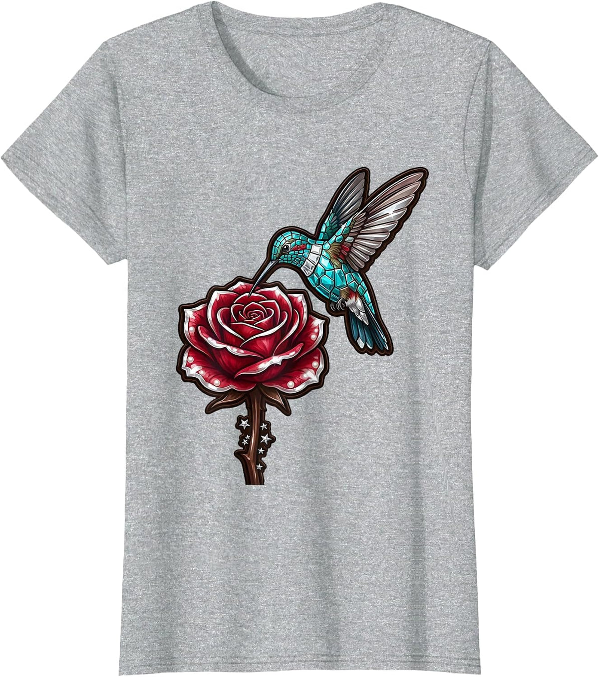 Hummingbird Hovering Over Blooming Rose T-Shirt - Heather Grey