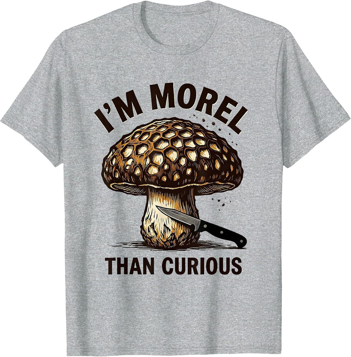 Men's I'm Morel Than Curious Linocut Morel Mushroom Forager Humor T-Shirt - Heather Grey