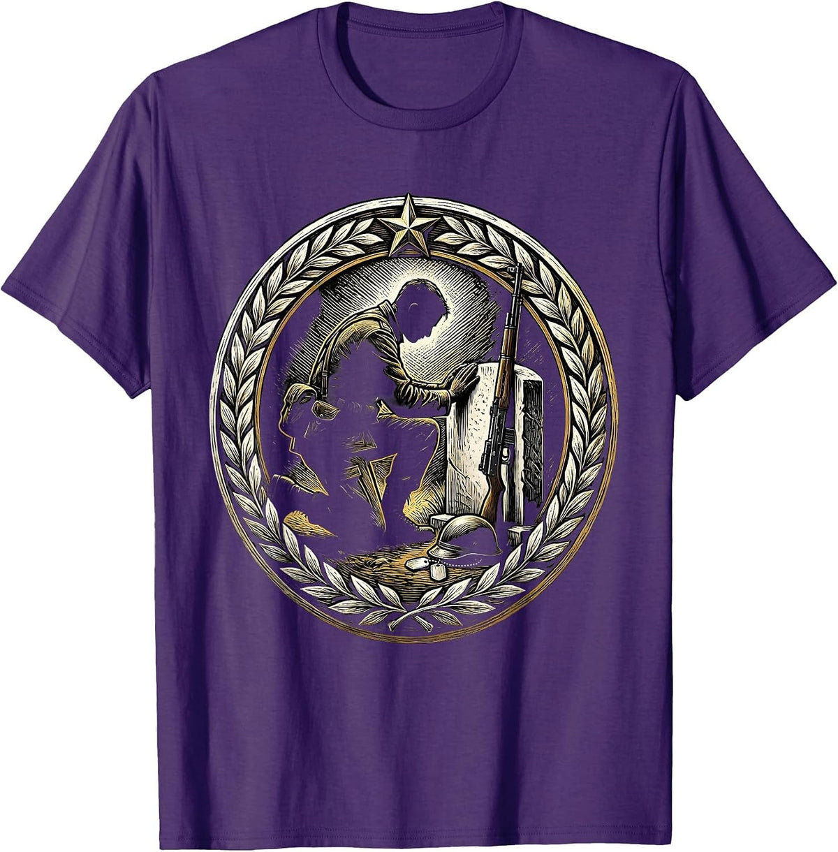Soldier Kneeling at Grave Memorial Tribute T-Shirt - Purple