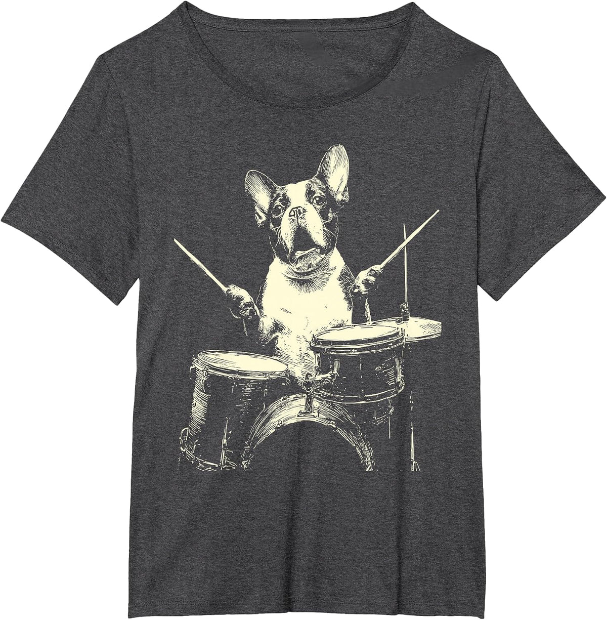 Cute Boston Terrier Playing Drums Funny Music Dog Drummer T-Shirt - Dark Heather Grey