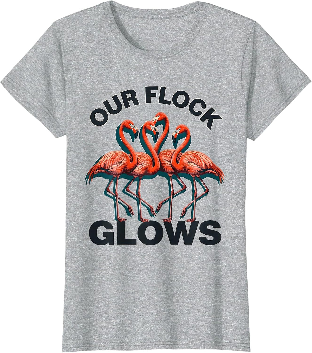Women's Our Flock Glows Funny Flamingo Lover Novelty T-Shirt - Heather Grey