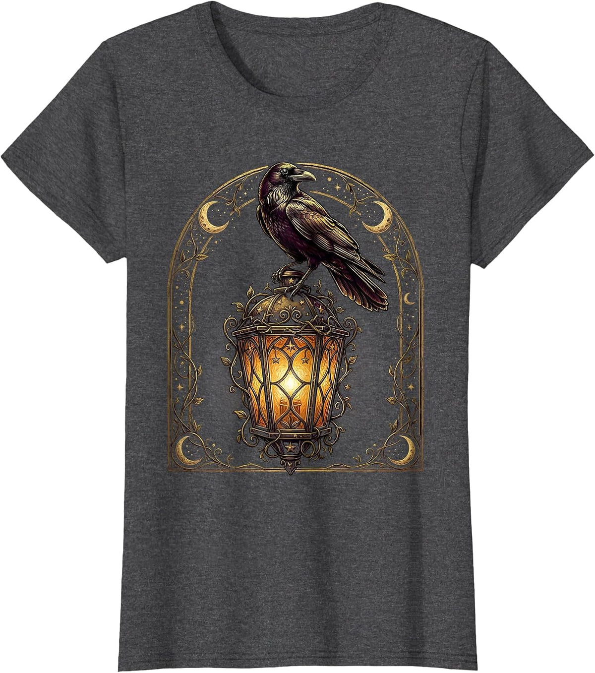 Women's Crow Perched on Old Lantern Illustration T-Shirt - Dark Heather Grey
