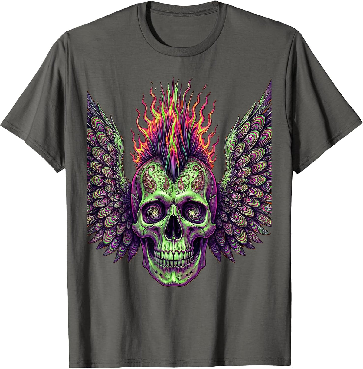 Winged Skull Mohawk Rock and Roll Graphic T-Shirt - Asphalt Grey