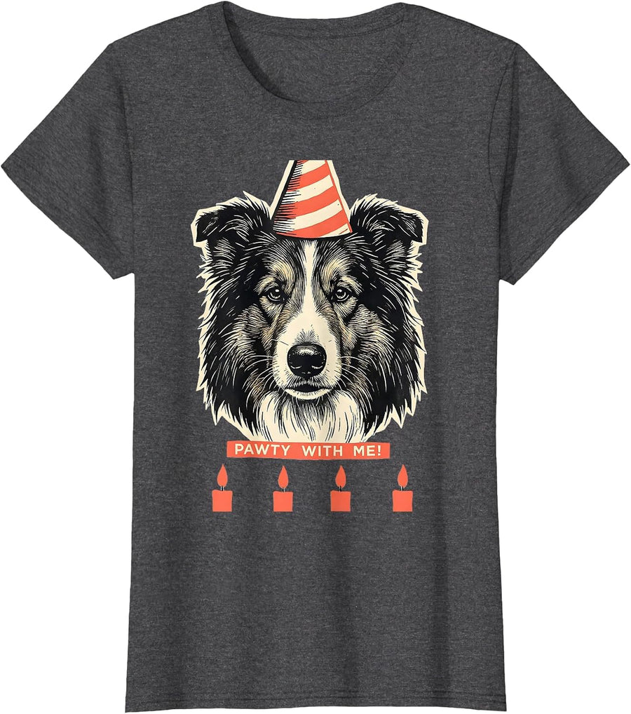 Women's Pawty With Me Linocut Dog-Themed Kids Birthday Party Pun T-Shirt - Dark Heather Grey