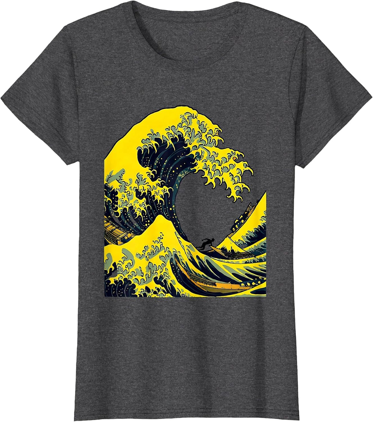 Women's Massive Wave Curling Over Lone Swimmer Graphic T-Shirt - Dark Heather Grey