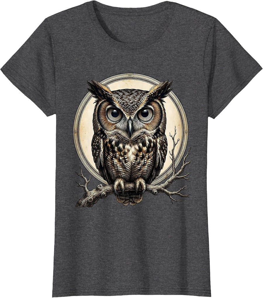 Women's Halloween Owl Enormous Eyes Bare Branch Graphic T-Shirt - Dark Heather Grey