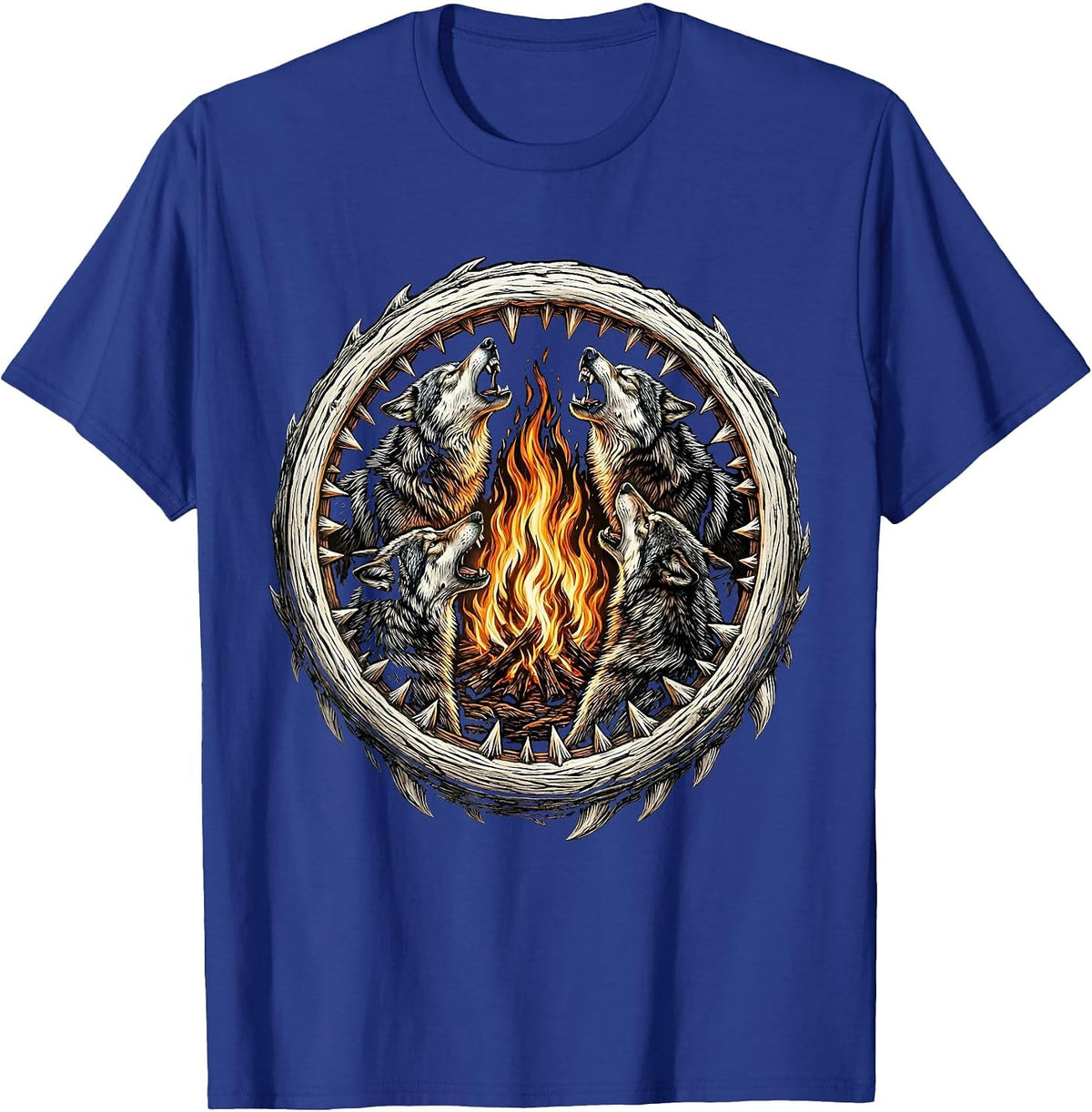 Wolves Howling Bonfire Heavy Metal Graphic T-Shirt - Royal Blue