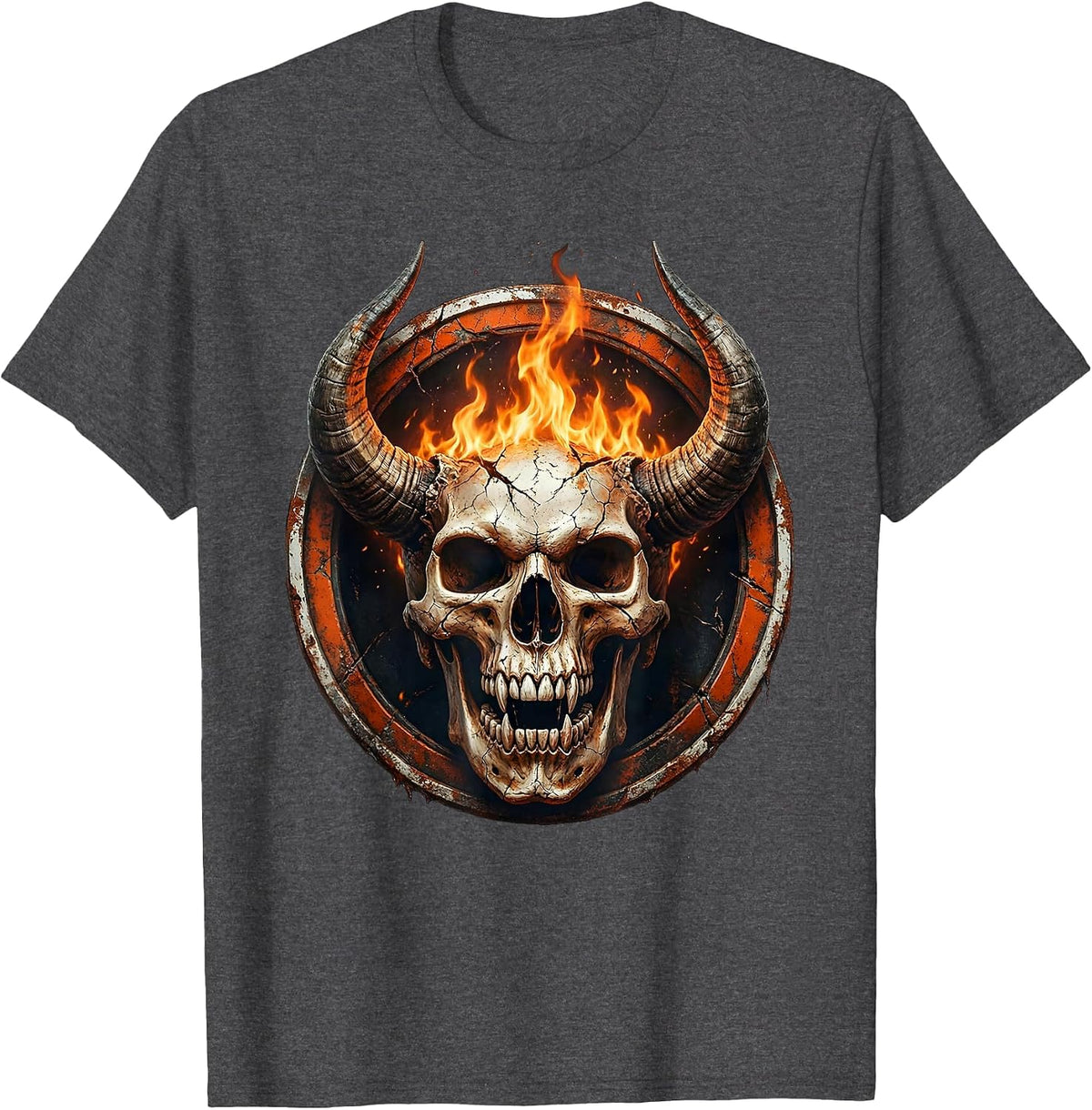 Men's Horned Demon Skull Fire Breathing Dark Art Design T-Shirt - Dark Heather Grey