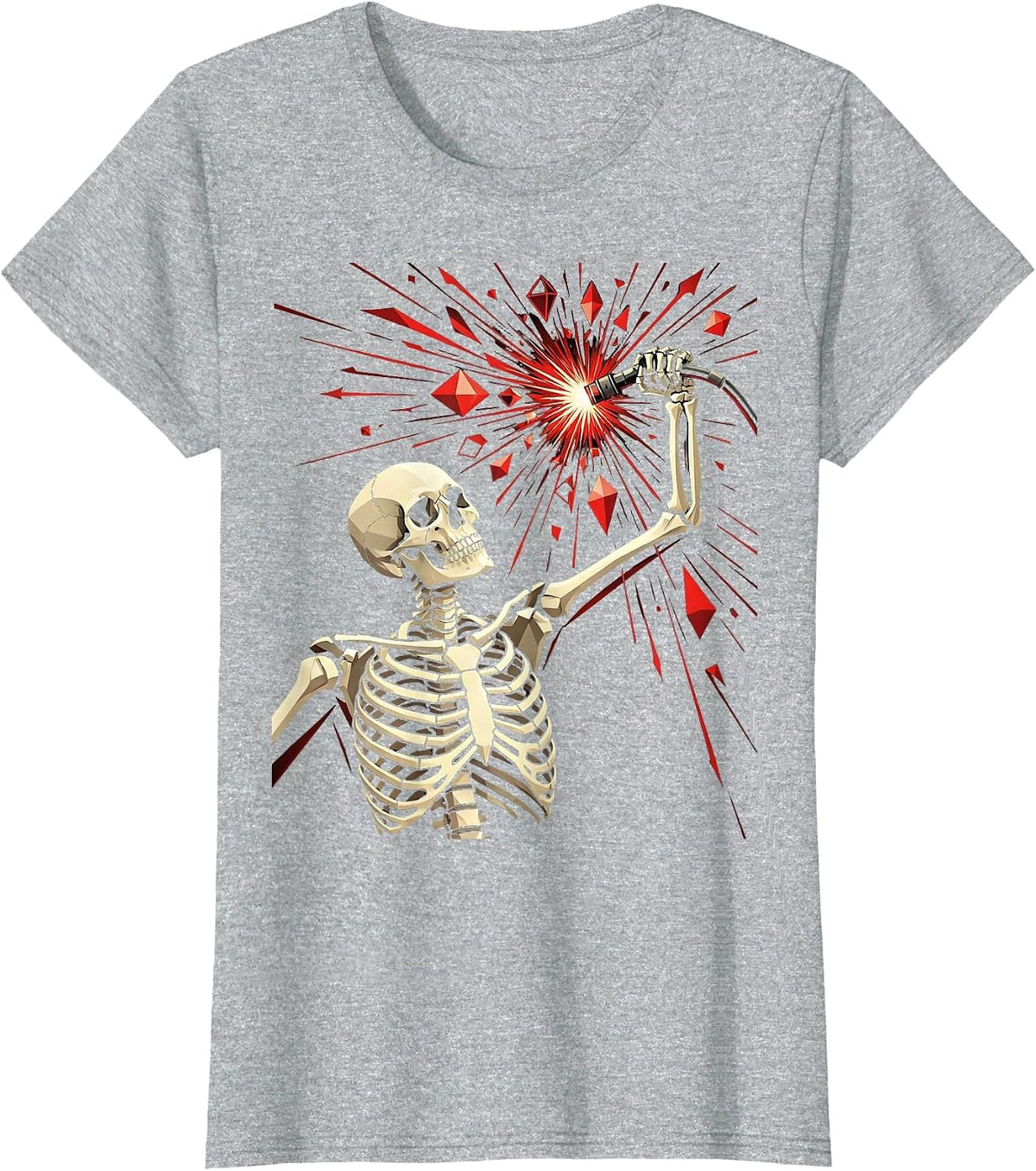 Women's Skeleton Welder Torch Sparks Graphic Tee T-Shirt - Heather Grey