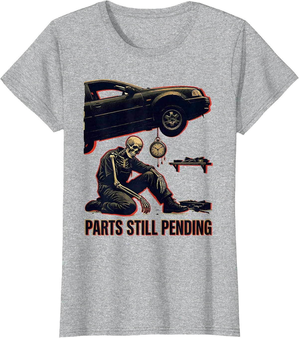 Parts Still Pending Funny Mechanic Skeleton Auto Repair T-Shirt - Heather Grey
