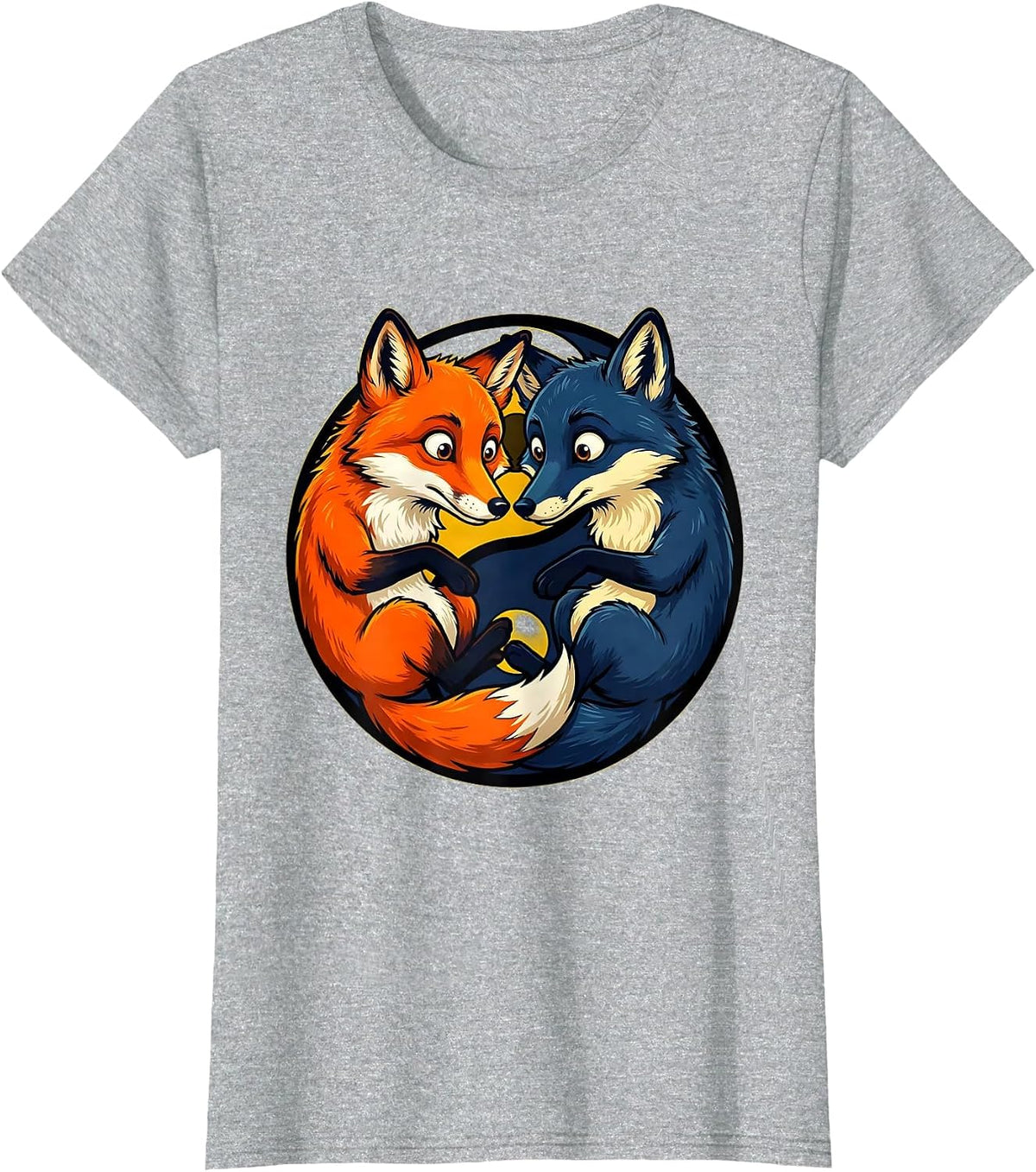 Twin Fox Yin Yang Balance Graphic Design T-Shirt - Heather Grey