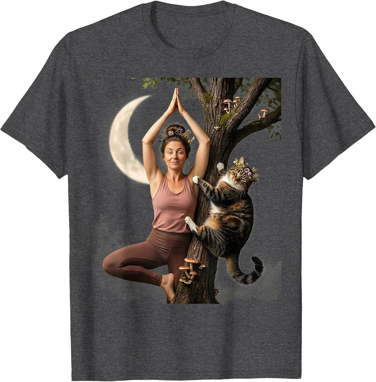 Funny Yoga Cat Climbing Illustration Gift T-Shirt - Dark Heather Grey