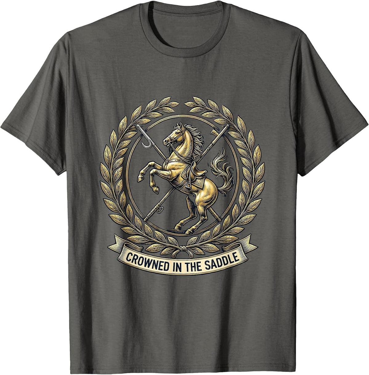 Crowned In The Saddle Heraldic Equestrian Design T-Shirt - Asphalt Grey