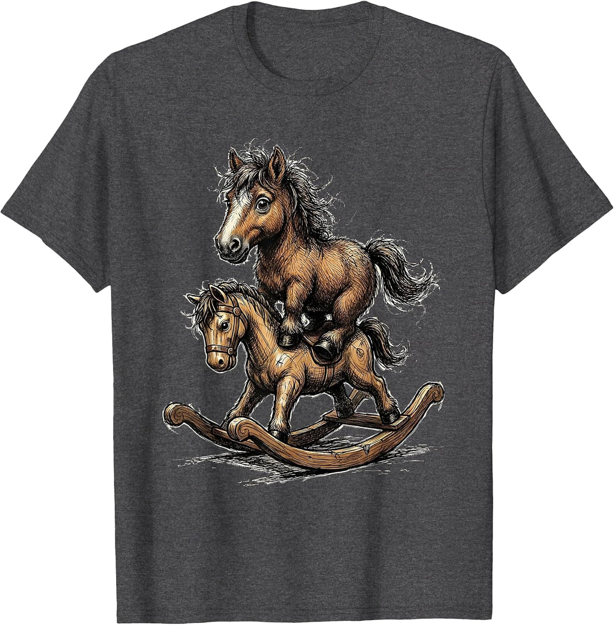 Tiny Horse on a Tiny Rocking Horse Funny Graphic T-Shirt - Dark Heather Grey