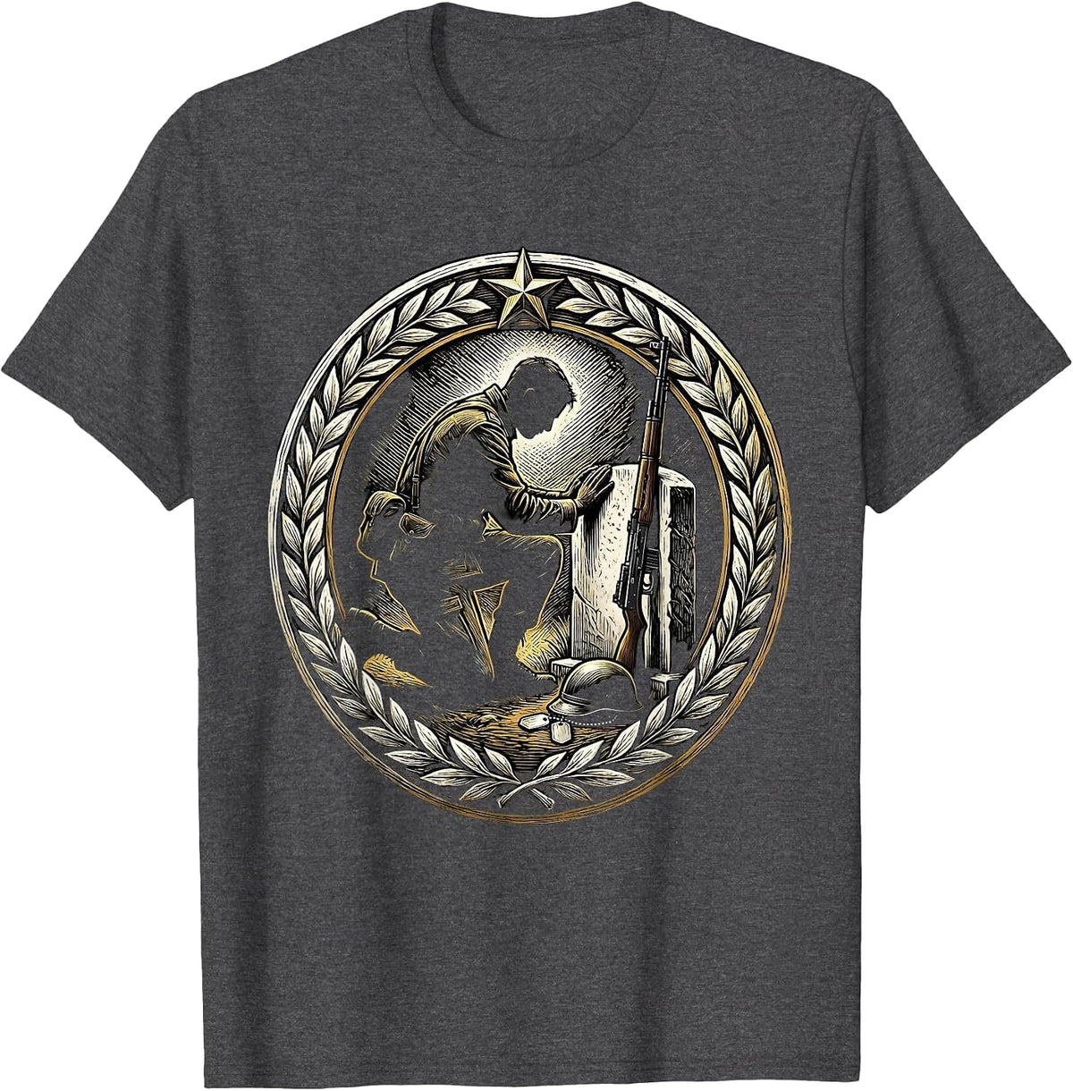 Soldier Kneeling at Grave Memorial Tribute T-Shirt - Dark Heather Grey