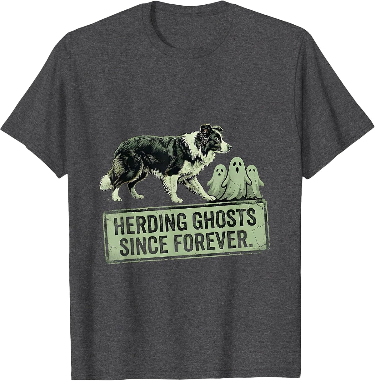 Men's Halloween Border Collie Herding Ghosts Design T-Shirt - Dark Heather Grey