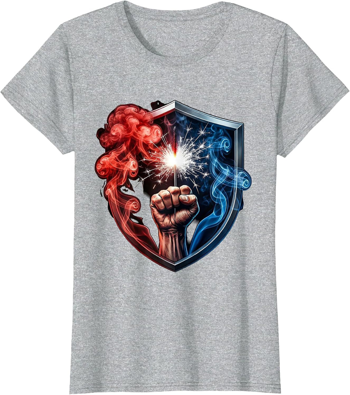 Red White Blue Raised Fist Sparkler Patriotic Design T-Shirt - Heather Grey
