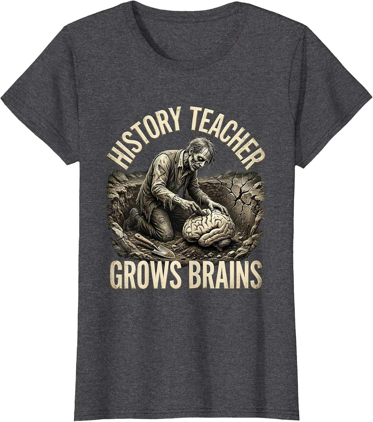 Women's History Teacher Grows Brains Funny Zombie Teacher Halloween T-Shirt - Dark Heather Grey