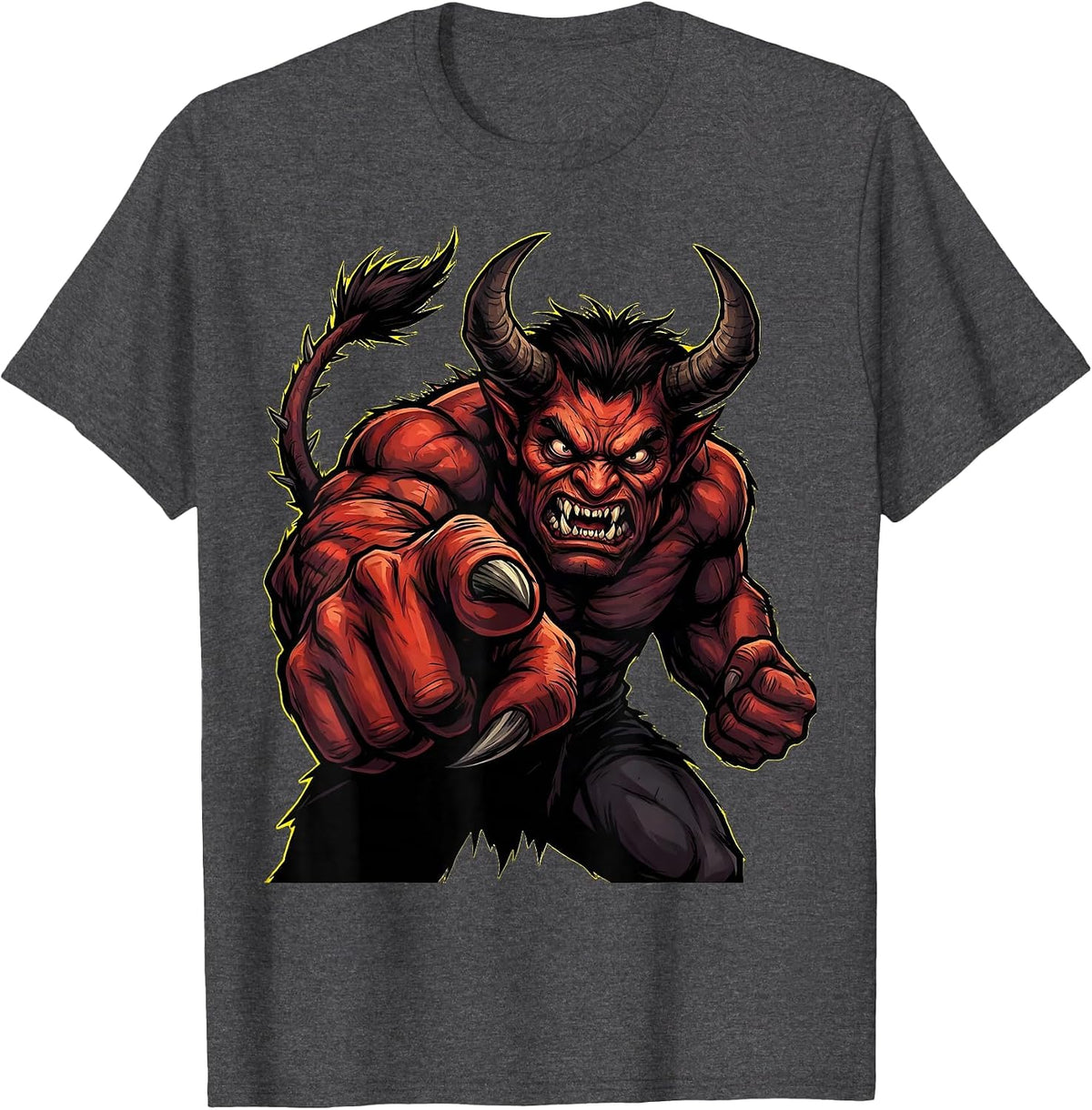 Angry Horned Demon Pointing Finger Graphic T-Shirt - Dark Heather Grey