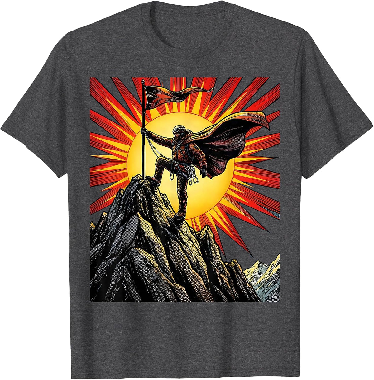 Climber Reaching Summit Flagpole at Dawn T-Shirt - Dark Heather Grey