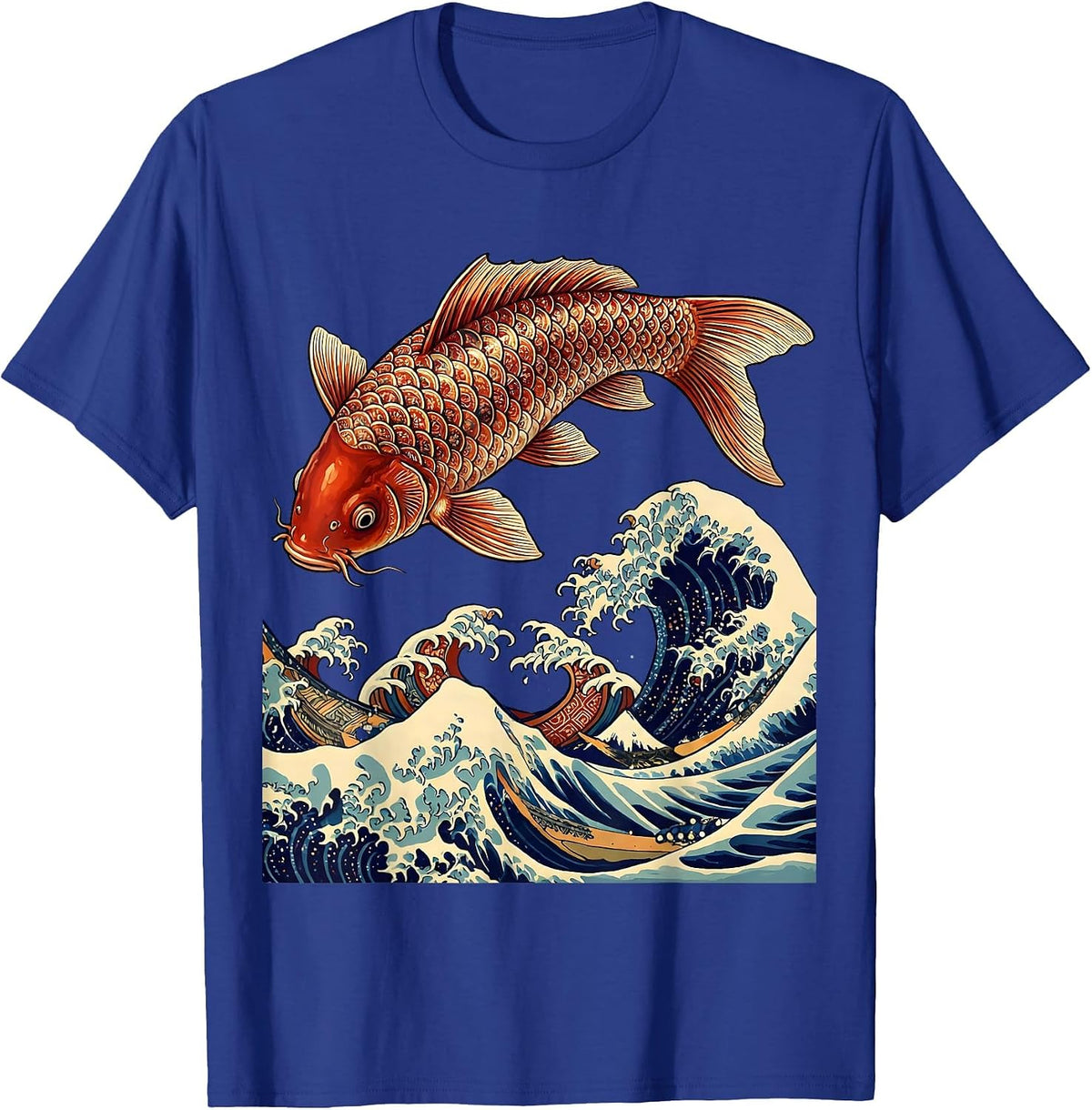 Men's Koi Fish Leaping Wave Japanese Art Design T-Shirt - Royal Blue
