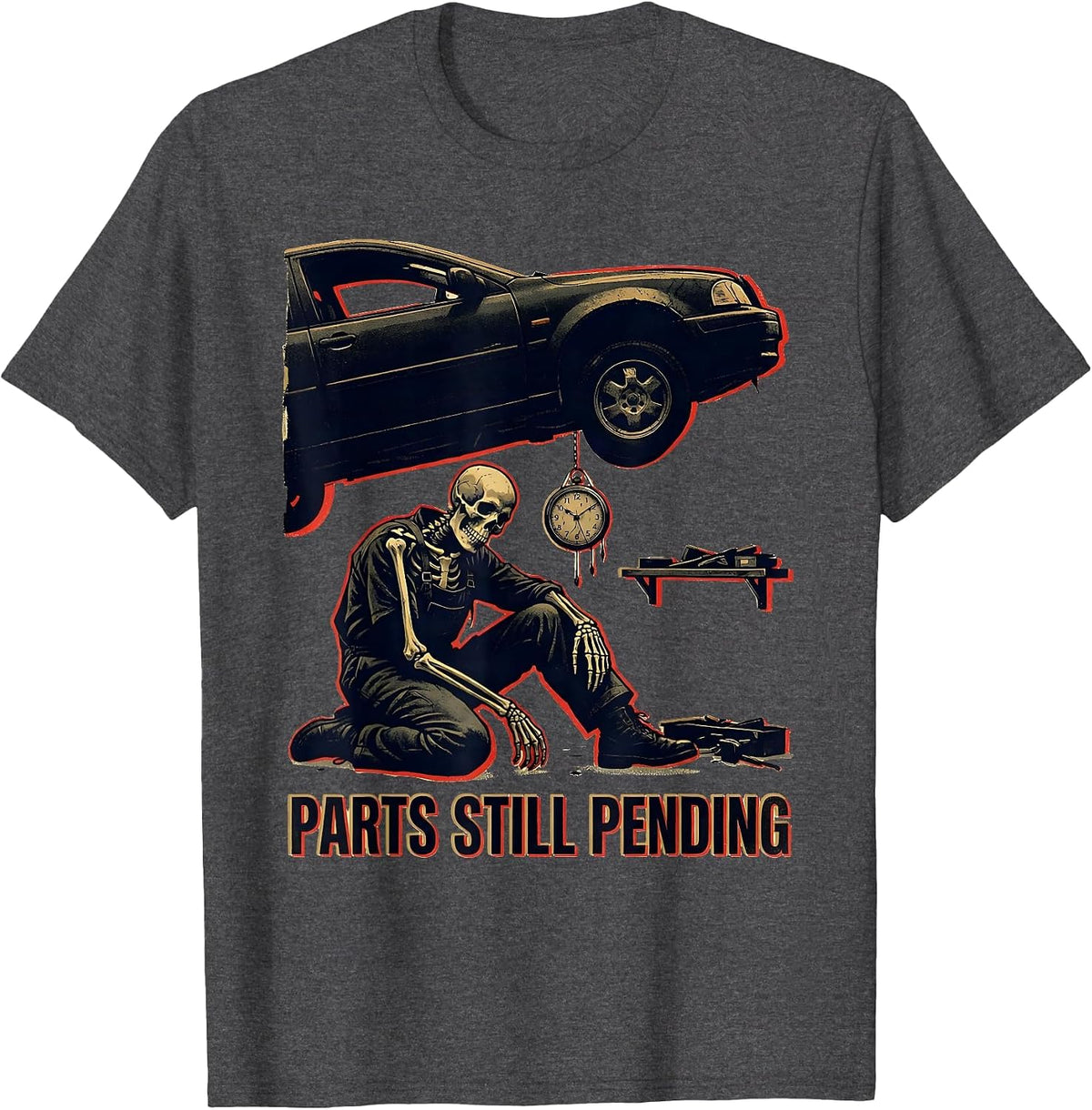 Parts Still Pending Funny Mechanic Skeleton Auto Repair T-Shirt - Dark Heather Grey